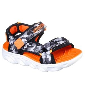 Skechers Kids Light Up Black and Orange Camouflage Sandals